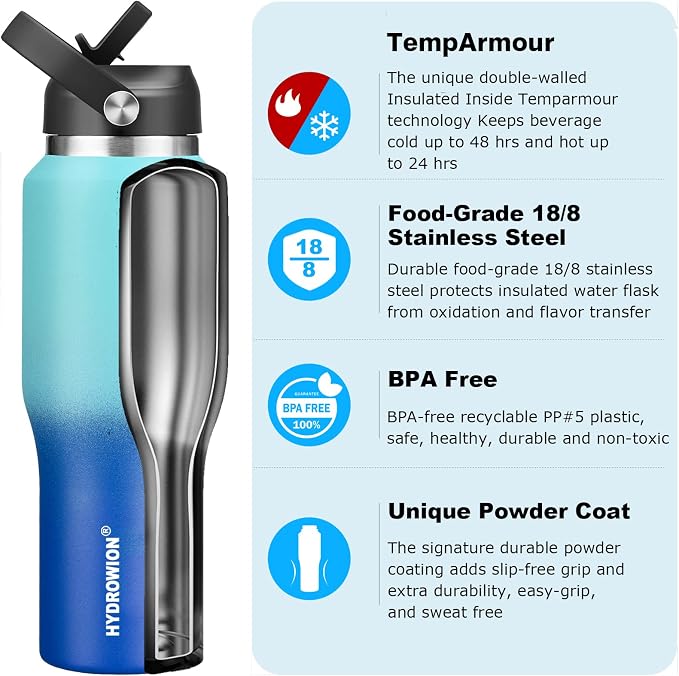 HYDROWION 32oz Water Bottle, Double Wall Vacuum Stainless Steel Insulated Water - Image 2