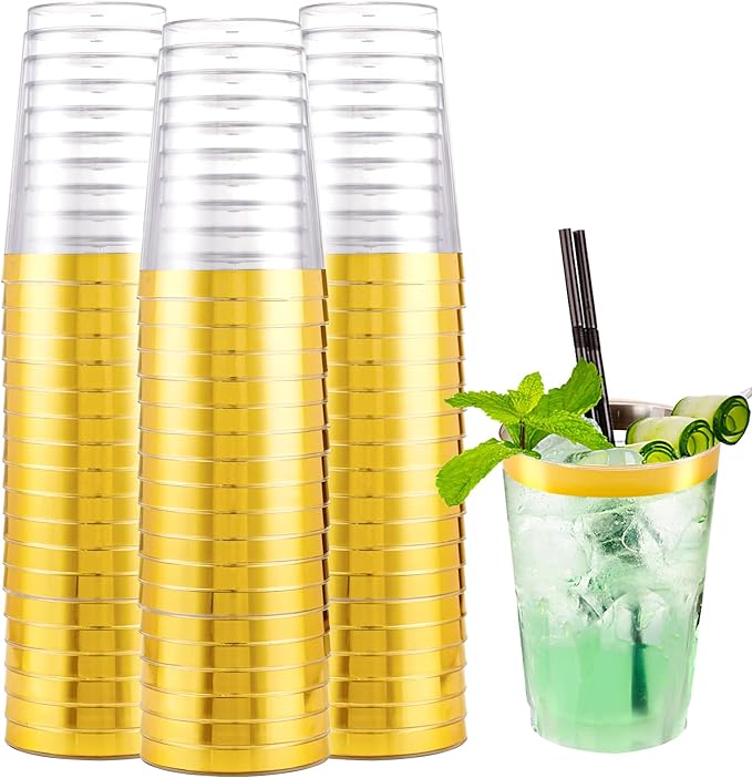 I00000 200 Pack Gold Plastic Cups, 10 oz Clear Plastic Cups Gold Rimmed by I00000