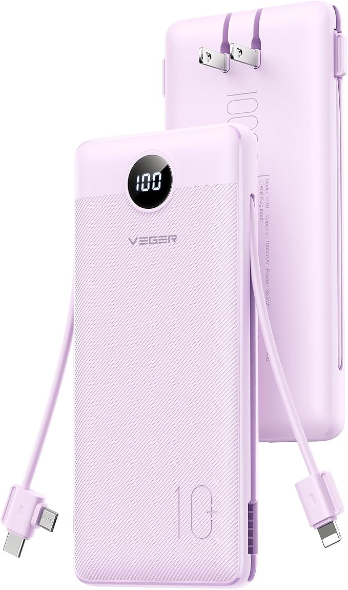 VEGER AC Wall Plug Portable Charger, 10000mah Slim Portable Charger Built in by VEGER