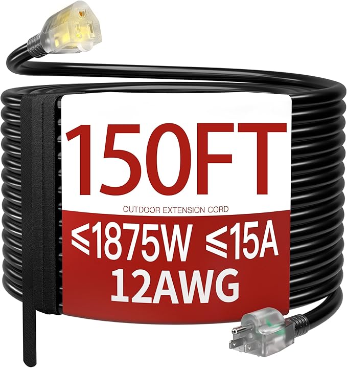 150 FT 12 Gauge Extension Cord Outdoor, Heavy Duty Weatherproof & Flame by Skrizcable