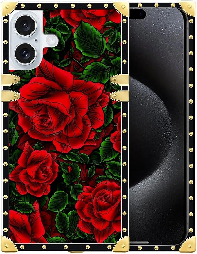 Compatible with iPhone 16 Case, Vector Red Rose Green Leaf Luxury Golden by Unknown