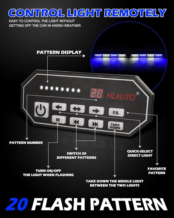 HLauto 604N Emergency Dash Strobe Lights: 2x16.8 inch Blue White Security Light - Image 4