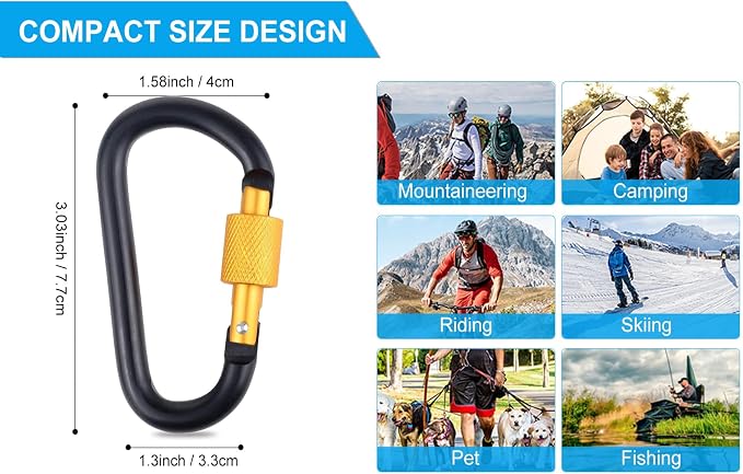 10 Pack Aluminum D Ring Key Rings Hiking Clips Locking Carabiner - Image 2