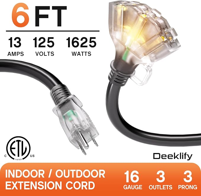 6 ft 16/3 awg 3 Outlet Extension Cord Splitter - Image 2