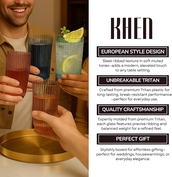 Khen Plastic Acrylic Ribbed Drinking Glasses – Set of 4 Multicolor 11.8oz - Image 6