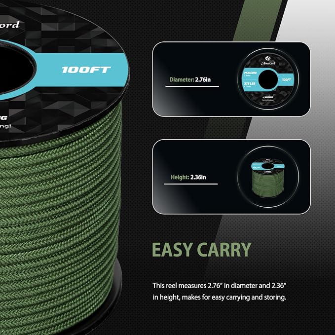 Abma Cord 2.4mm Paracord 275 100ft Nylon Rope 4 Strands Tactical Parachute Cord - Image 2