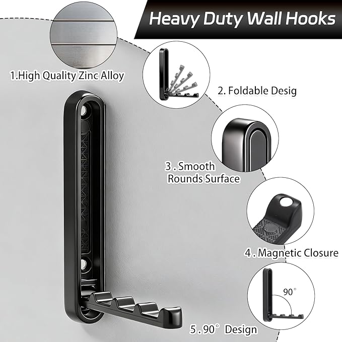 Dntorx 2 Pcs Extended Folding Coat Hooks Wall Mounted, 4.33 in Black Foldable - Image 3