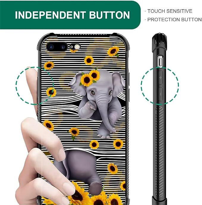 Case for iPhone 7 Plus/8 Plus, Cute Little Elephant Sunflower White Line Art - Image 6