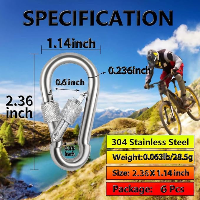 Locking Carabiner Clips, Stainless Steel Spring Snap Hook Locking Carabiner - Image 3