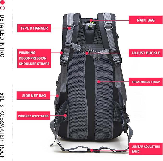 Bseash 50L Hiking Backpack, Water Resistant Lightweight Outdoor Sport Daypack - Image 7