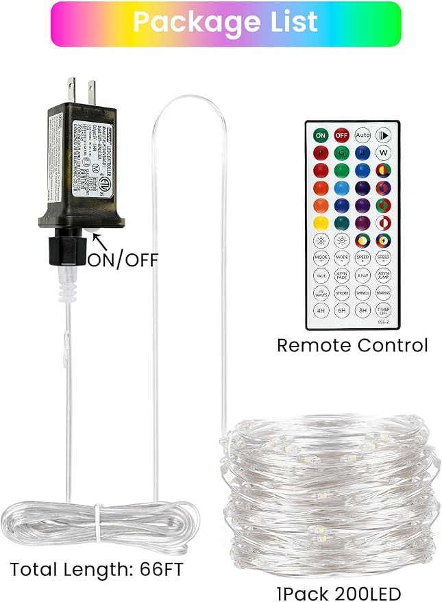 66Ft 200 LED RGB Color Changing 4th of July Fairy Lights Plug in, Waterproof - Image 4