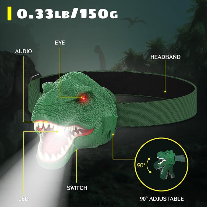 Dysaim Dinosaur Headlamp for Kids Flashlight Outdoor Camping Gear LED Reading - Image 6