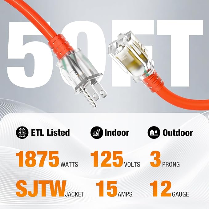 Outdoor Extension Cord 50 FT Waterproof, 12/3 Gauge Heavy Duty 3 Prong Power - Image 3