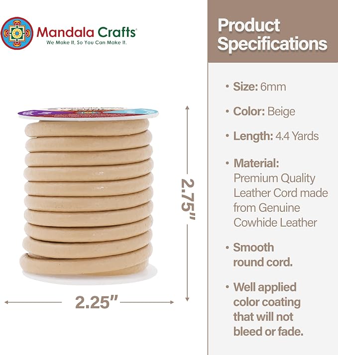 Mandala Crafts Round Genuine Beige Leather Cord - Image 4