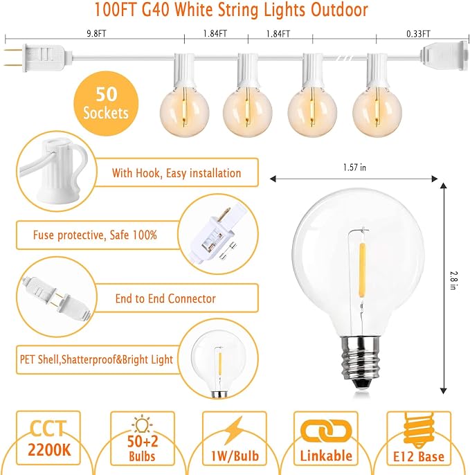 G40 LED Outdoor String Lights White 100FT Patio Lights - Image 8