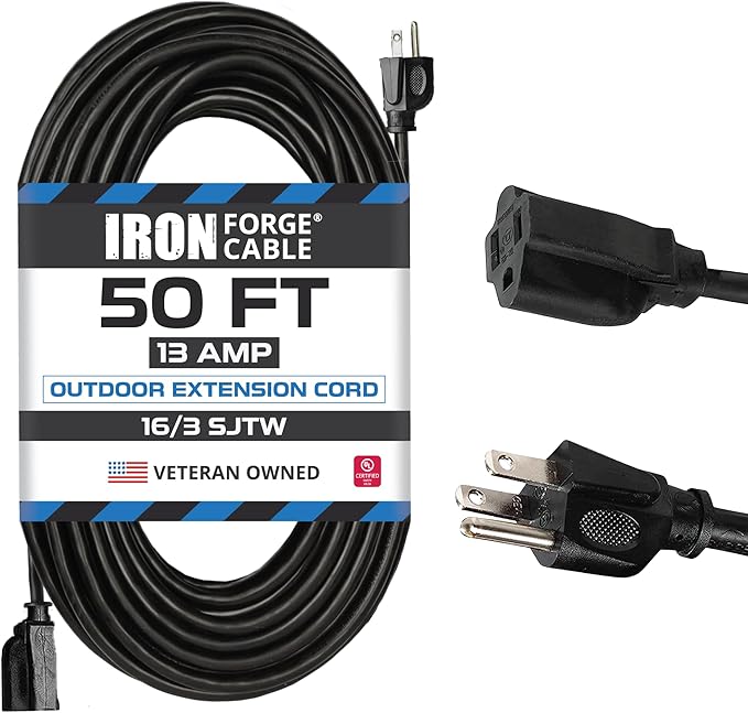Iron Forge Cable Black Outdoor Extension Cord 50 ft, 50 Foot Outdoor Extension by IronForgeCable