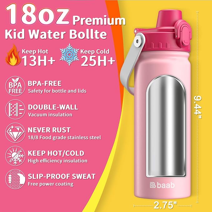 baab 18oz Kids Water Bottle, Insulated Kids Water Bottle - Image 2