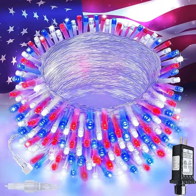 4th of July Red White and Blue Lights, Connectable 200 LED 66FT String Lights by SANJICHA