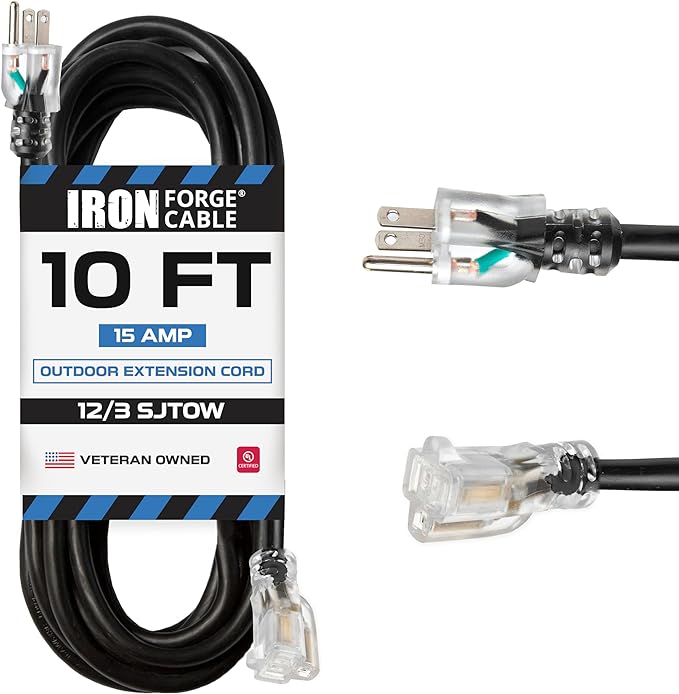 Iron Forge Cable 12 Gauge Outdoor Extension Cord 10 Ft, SJTOW 12/3 Heavy Duty by IronForgeCable