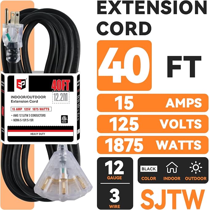 EP 40 Ft 12 Gauge Heavy Duty Extension Cord, 15A 125V 1875W, 3 Outlet - Image 2