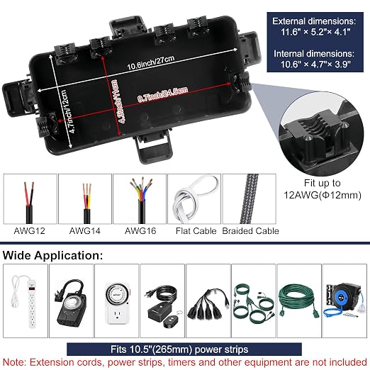 Medium Outdoor Electrical Box, IP54 Waterproof Extension Cord Cover w/ 6 Cable - Image 5