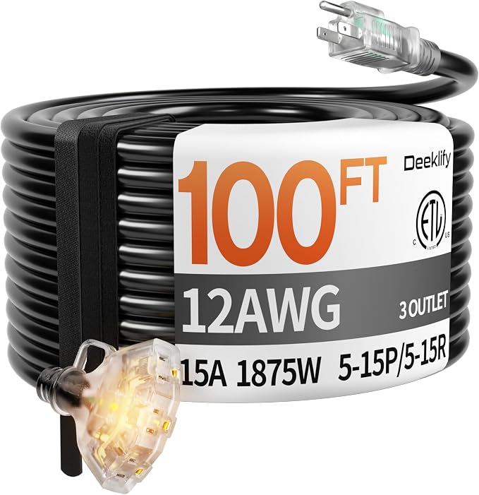 100 ft 12 Gauge Heavy Duty 3 Outlet Extension Cord Splitter by Deeklify