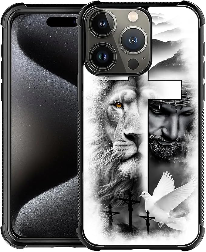 for iPhone 16 Pro Case, Lion Cross Jesus Christ Dove Pattern Graphic Design by FKBRCL4U