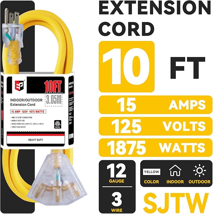 EP 10 Ft 12 Gauge Heavy Duty Extension Cord, 15A 125V 1875W, 3 Outlet - Image 2