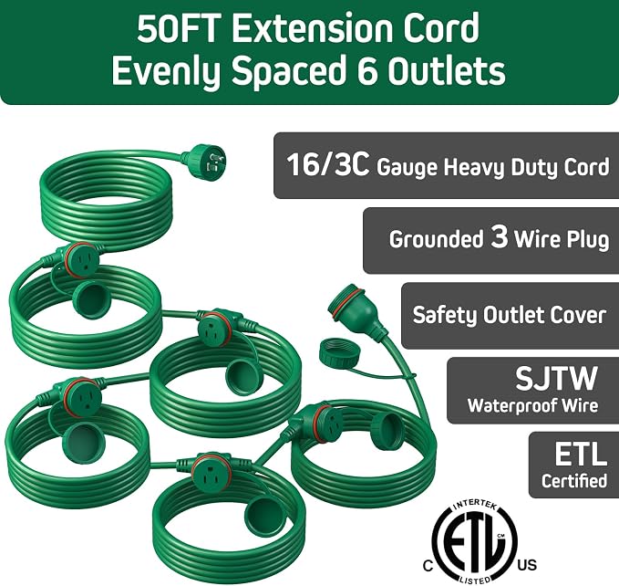 50FT Green Outdoor Extension Cord, Evenly Spaced 6 Outlets Plugs - Image 3