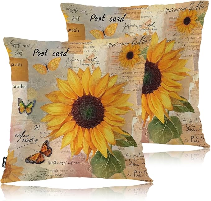 Swono Sunflower Set of 2 Decorative Throw Pillow Covers Cushion Case, Vintage by Swono