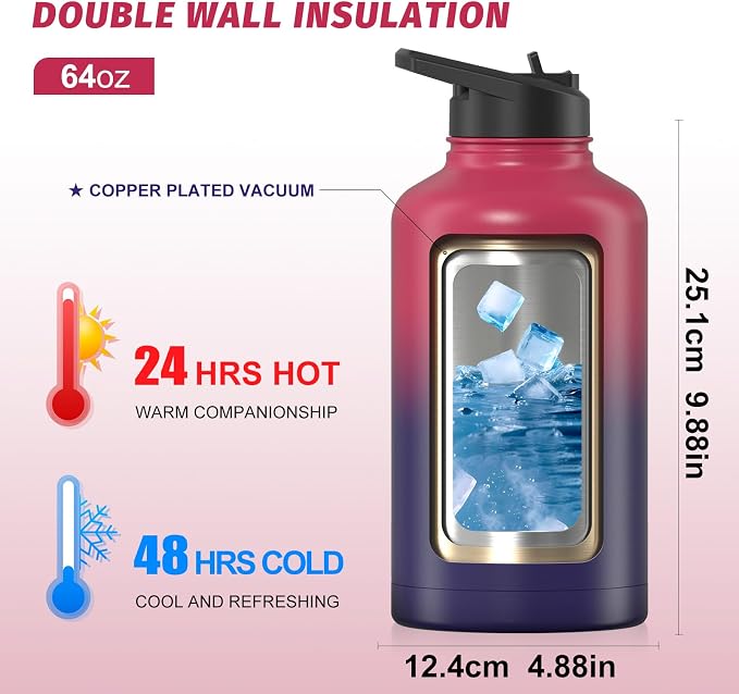 64oz Insulated Water Bottle, BPA Free&Leak Proof, Half Gallon Stainless Steel - Image 2