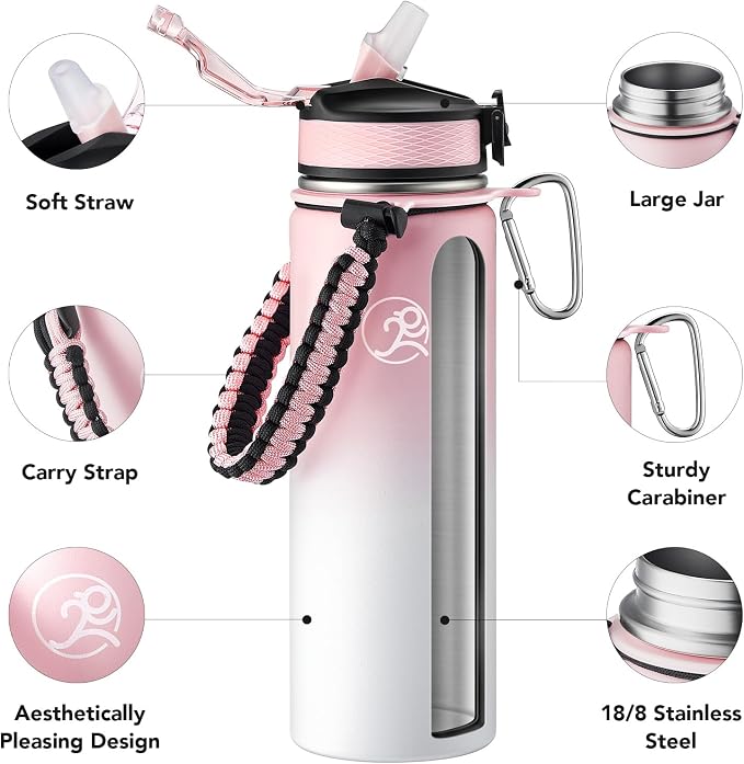 GOSWAG Insulated Sports Water Bottle, 24oz 2 Lids, Stainless Steel Water Bottles - Image 3