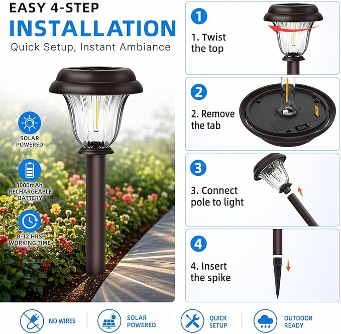 DERAYSION 8 Pack Solar Lights Outdoor, Stainless Steel Glass Solar Pathway - Image 7