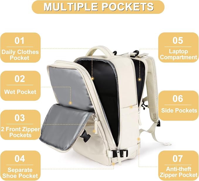 Beige Large Travel Backpack For Women Men Airline Approved Personal Item - Image 3