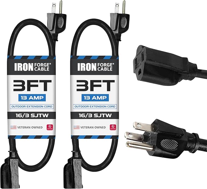 Iron Forge Cable 2 Pack 3 Ft Black Extension Cord, 3 Foot Extension Cord by IronForgeCable