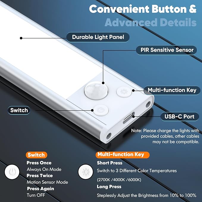Brightever Under Cabinet Lights, 14inch Rechargeable Battery Operated Motion - Image 3