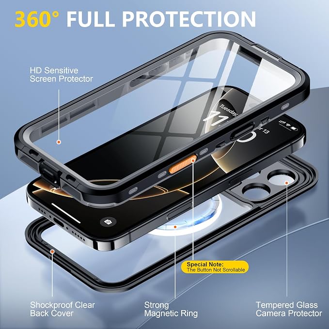Red2Fire for iPhone 16 Pro Case Waterproof, Phone Case 6.3" Black/Clear - Image 4