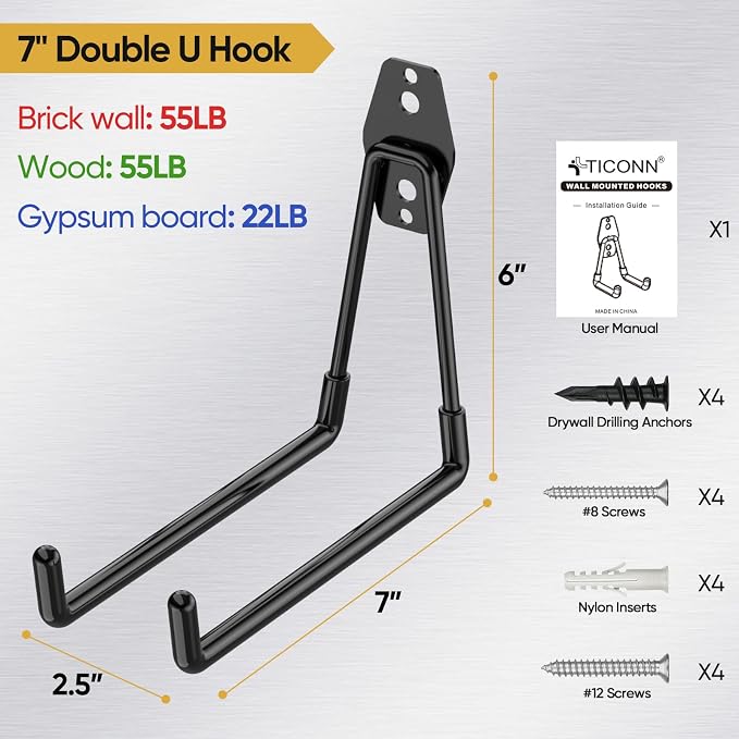 TICONN 2 Pack Heavy Duty Garage Hooks, Steel Utility Wall Storage Hooks - Image 4