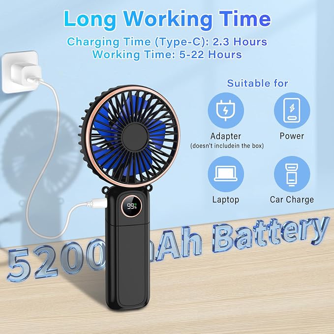 Portable Handheld Fan 5200mAh, USB Rechargeable Foldable Electric Personal - Image 3