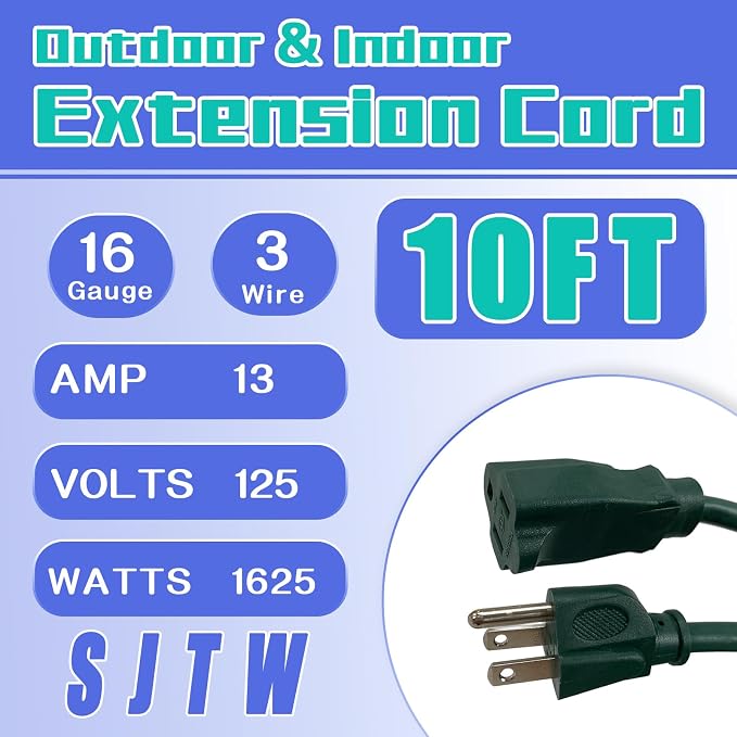 Indoor Outdoor Extension Cord 10 FT, 16/3 SJTW Weatherproof Green Electrical - Image 2