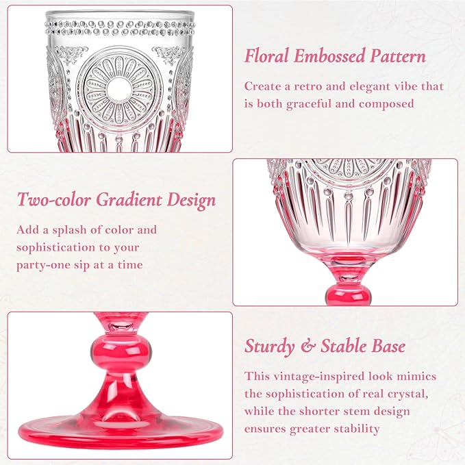 XUWAIDSGN 12Pcs Plastic Vintage Wine Glasses 13.5oz Reusable Embossed Goblet - Image 6