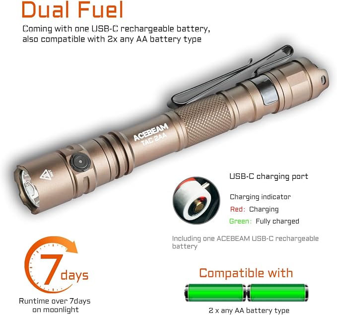 ACEBEAM TAC 2AA EDC Tactical Dual Modes Flashlight Rechargeable, 1470 High - Image 5