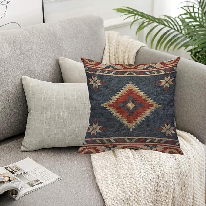 TKS MITLAN Southwest Diamond Blue Red Pillow Covers 18 x 18 Inch Indian Style - Image 5