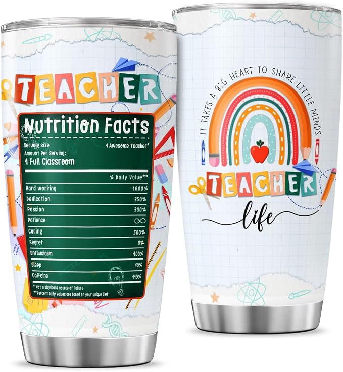 Teacher Appreciation Gift for Women, Cute Rainbow Design Stainless Steel Tumbler by JENOIS