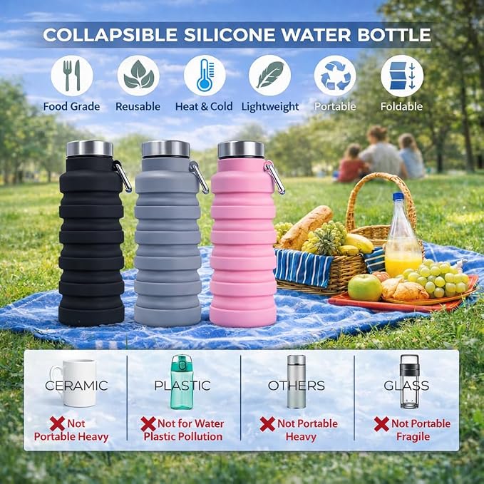Collapsible Water Bottles, 16oz Capacity Portable Reusable Silicone Water Bottle - Image 3