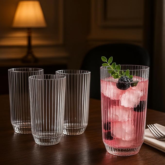 Khen Plastic Acrylic Ribbed Drinking Glasses – Set of 4 Clear 11.8oz Tritan - Image 9