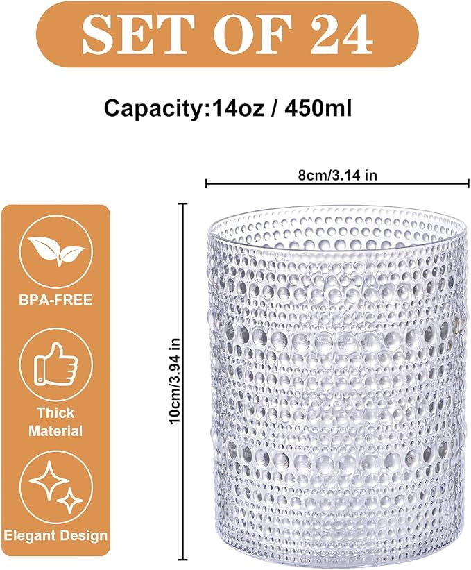 YOUBET 24PCS Plastic Hobnail Drinking Glasses - 14 Oz Clear Vintage Glasses - Image 2