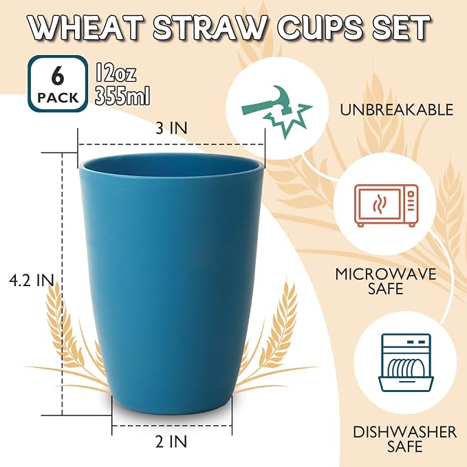 Wrova Wheat Straw Cups 6 PCS Good Alternative to Plastic Reusable Cups 12 oz - Image 2