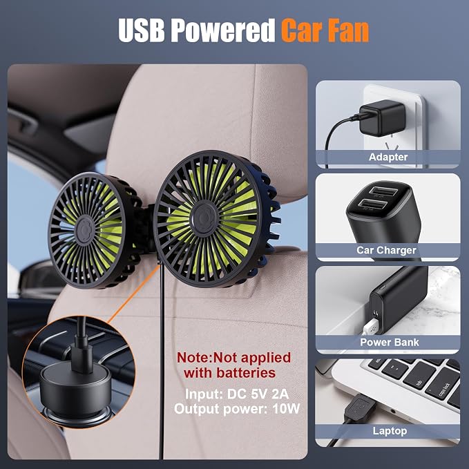 Hayousui USB Car Cooling Fans for Backseat: Dual Head Car Fan for Kids 3 Speeds - Image 2
