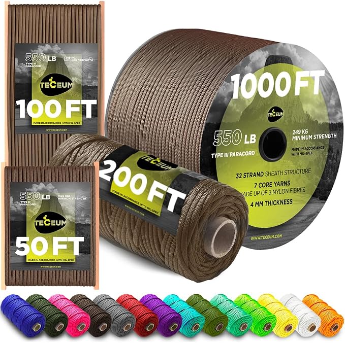 TECEUM 5/32" Paracord Rope 1000 – 1000ft / 200ft / 100ft / 50ft – Tactical by TECEUM